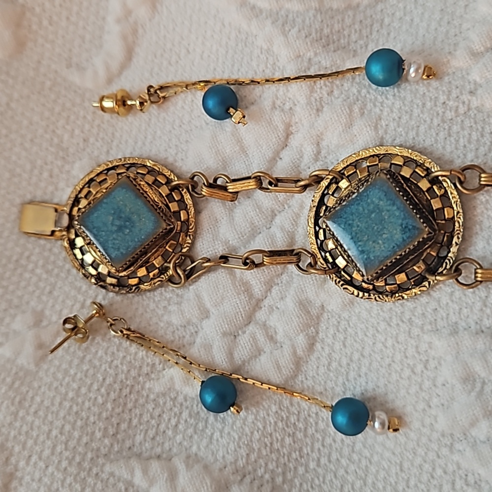 Art Deco Gold Over brass filigree link bracelet & Authentic Artisan GLD earrings